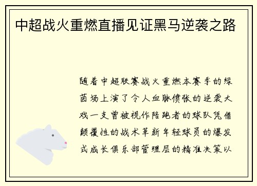 中超战火重燃直播见证黑马逆袭之路