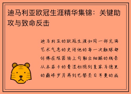 迪马利亚欧冠生涯精华集锦：关键助攻与致命反击